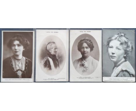 Postcards, Suffragette, a selection of 4 portrait cards, inc. RPs of Mrs T Billington-Greig (Women's Freedom League), Mrs Des