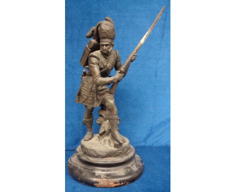 Military Sculpture, Cornelius and Baker zinc figural sculpture of a Highland soldier with rifle (rifle has been broken and re