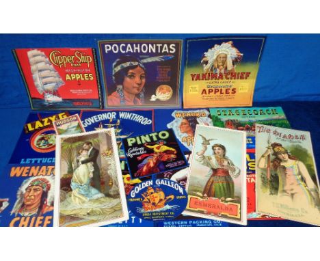 Advertising, a collection of 17 vintage tobacco, fruit and vegetable labels to include The Diadem tobacco, Caricia Tobacco, E
