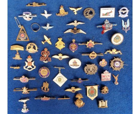 Military Badges, Sweetheart Brooches and Tie Pins, 48 to include 6 silver examples. RAF, ATS ring, Royal Naval Temperance Soc