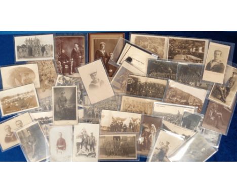 Militaria, Photographs, 30+ mainly WW1 era Army and Naval images to include portraits, camp scenes, bands, Wolverton Camp, Bo