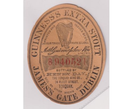 Beer label, Guinness's, Extra Stout, vertical oval label, c1896, bottled by Henry Day, Torquay, B940521, 82mm high , (slight 