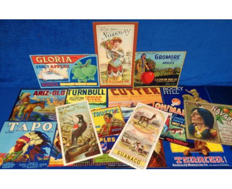 Advertising, a collection of 17 vintage tobacco, fruit and vegetable labels to include Guanaco Tobacco, Black Bird tobacco, T