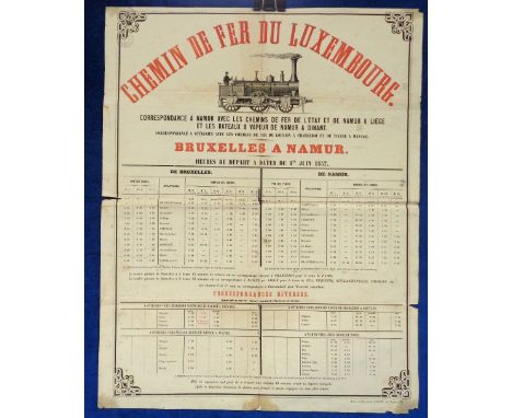 Poster, Rail, Luxembourg 1857 train departure times from Bruxelles to Namur printed in red and black with an image of the eng
