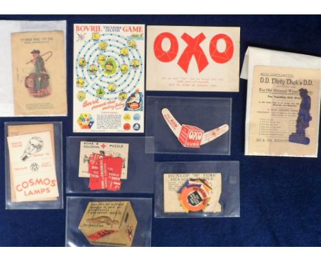 Ephemera, Puzzle and Game Giveaways for domestic products circa 1920s/30s to comprise Oxo (2), Bovril, Cosmos Lamps, Bass, Di