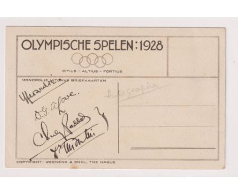 Olympic autograph, Official postcard Amsterdam 1928, sepia image of 200m Winner, signed to reverse by 4, David Lowe GB gold m