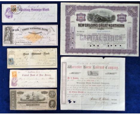 Ephemera, 2 share certificates, one for the State of Massachusetts Worcester Horse Railroad Company 1863 and one for the New 