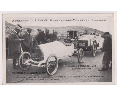 Postcard, Motor Racing, b/w printed card showing automobile racing cars, 'Courses d’Ostende 1913', L. Linon (vg) (1)