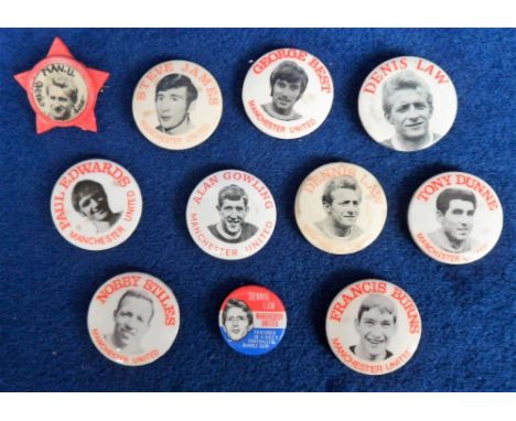 Football badges, Manchester Utd, a collection of 11 tin badges, 1960's, inc. 9 circular player-portrait badges, George Best, 