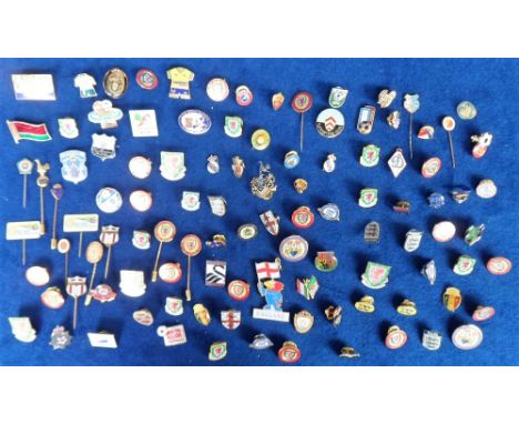 Football badges, a collection of 100+ enamel badges, 1980's onwards including International Foreign &amp; English Football As