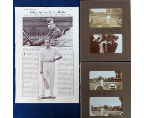 Tennis, Captain A.F Wilding, two candid sepia snap shots of him at tournament 1913, together with an article about his death 