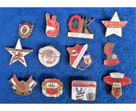 Football badges, Manchester Utd, a collection of 12 enamel badges 1960/70's, various shapes and designs,(gd)