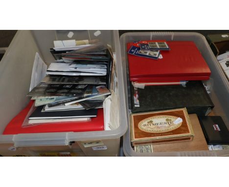 GB Face Value and FDC's - Two large plastic cartons, one with a large quantity of presentation packs and new issues in origin
