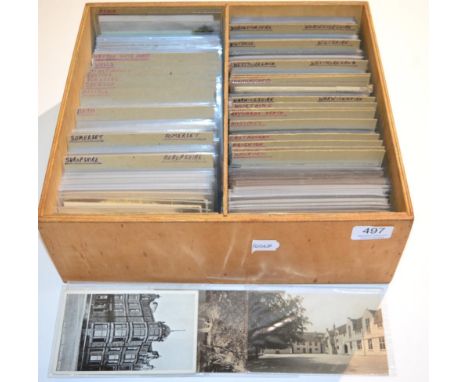 Postcards - Topographical - Dealer stock in plastics in a wooden display box. Mainly vintage but a few modern. All displayed 