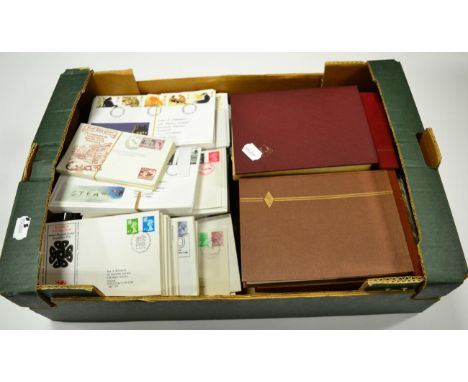 Box Of GB with Tower Album and 4 stockbooks. Mainly mint QE2, a few earlier.Also a Box File with modern GB sets unusually can