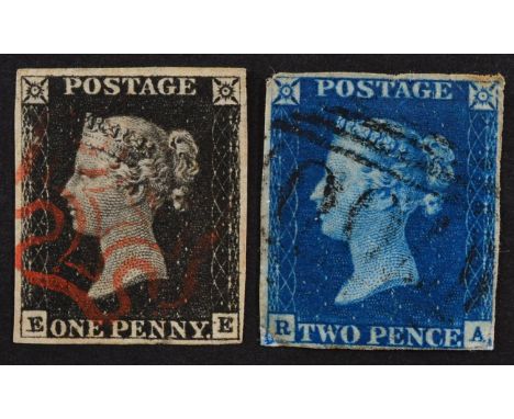 1840 1d black and 2d blue. A fine 4 margin 1d black lettered E-E with light red MX cancel plus an 1840 2d blue with 1844 canc