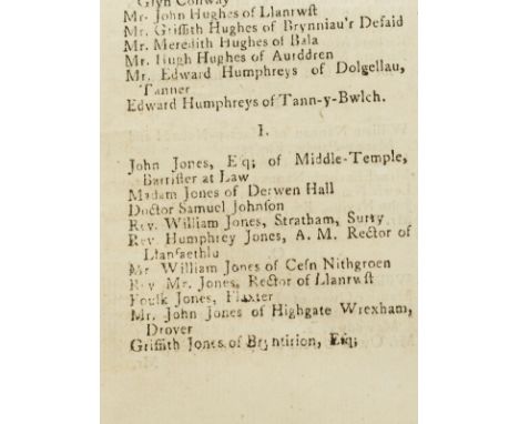 Dr. Samuel Johnson subscriber.- Jones (Rhys) Gorchestion beirdd Cymru: neu flodau godidowgrwydd awen, first edition, list of 