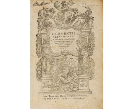 Clemens (Alexandrinus) Omnia opera, 3 parts in 1, translated by Gentian Hervet, general title within woodcut border, woodcut 