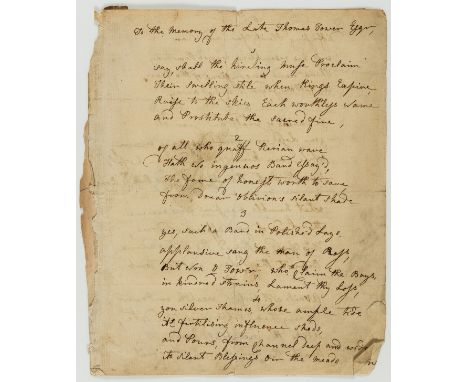 Poetry.- To the memory of the late Thomas Tower, Esq., manuscript, 3pp., folds, lightly soiled and browned, small 4to, [c.175