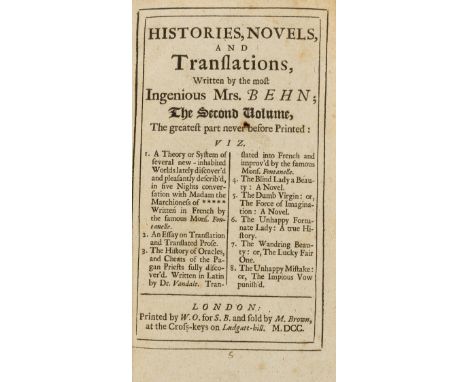 Woman author.- Behn (Aphra) Histories, novels, and translations, written by the most ingenious Mrs. Behn; The second volume, 