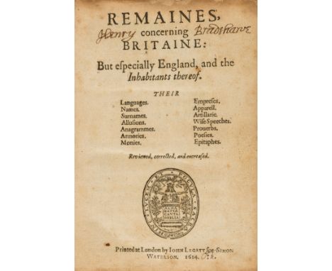 Britain.- Camden (William) Remaines, concerning Britaine: But especially England, and the Inhabitants thereof..., second edit