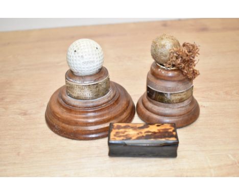 A vintage Gold ball trophy paperweight on wooden base, engraved 'Presented to V. Smith by Kendal Golf Club, 1962', h9cm, sold