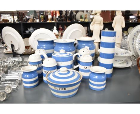 A group of blue and white T.G.Green &amp; Co Cornish ware, to include sugar and pepper shifters, lidded butter dish and tea p