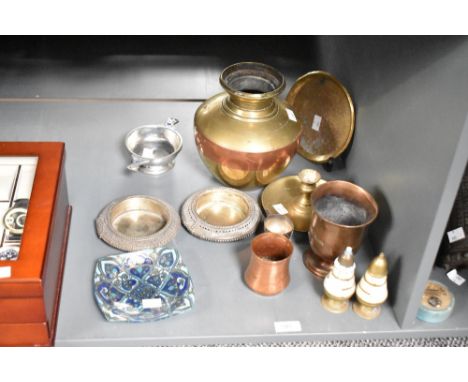 A brass and copper vessel of baluster form, h20cm, sold together with a pair of mother-of-pearl cellars and a pair of middle 