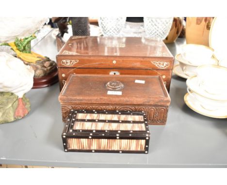 A 19th century rosewood writing slope, decorated with mother of pearl inlay, having fitted compartment, L35.5cm, sold togethe