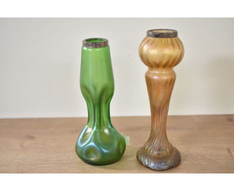 A continental Art Nouveau style iridescent glass vase in the manner of Kralik or Loetz glam, having lobbed neck with silver c