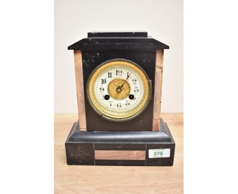 A late 19th century French slate 8 - day mantel clock having enable dial and Roman numerals, h23cm  Condition report: Appears
