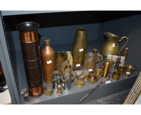 A pair of early 20th century brass trench art shells, h31cm, sold together with a brass vase, bullets, tankard and ash tray e