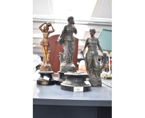 A cast metal figure of a female ballet dancer with tambourine standing on rocky ground, resting on a wooden base, plaque to b