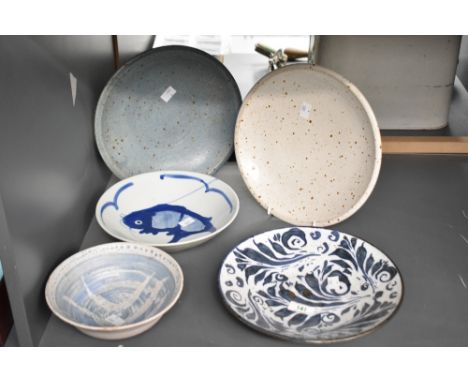 A oriental ceramic bowl decorated with blue Koi fish on a white ground, w23cm, sold together with 4 other bowls, (5)