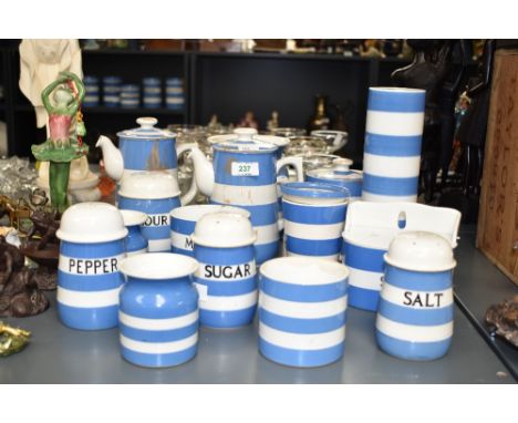 A group of blue and white T.G.Green &amp; Co Cornish ware, to include sugar and pepper shifters, tea pot, coffee pot, cup ect