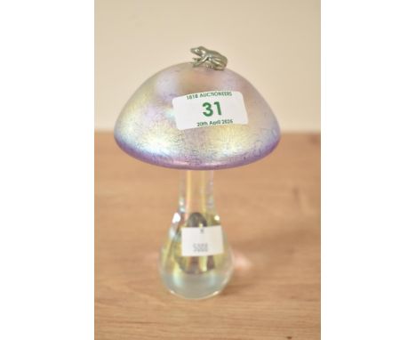 A Heron iridescent glass mushroom paperweight, makers mark etched to base, h15cm