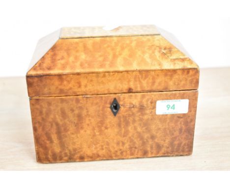 A 19th century maple / walnut tea caddy of Sarcophagus form, missing interior and key, h14cm