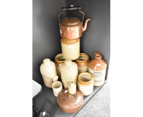 A Simpson's of Blackpool stoneware jug, h27cm, sold together with various other stoneware pots and a copper kettle ect, (11)