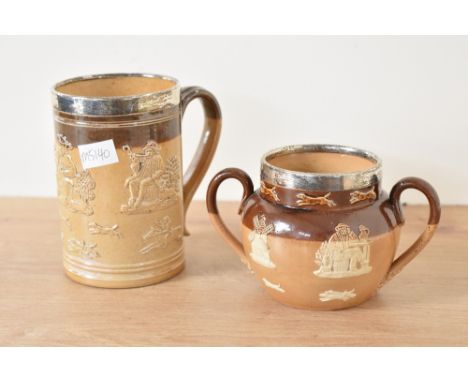 A Victorian Royal Doulton Lambeth stoneware tankard, having silver rim top dated for Sheffeild c1893, decorated with hunting 