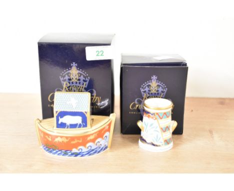 A Royal Crown Derby Noah's Ark bone china figure having original box, h7cm, sold together with a Royal Crown Derby miniature 