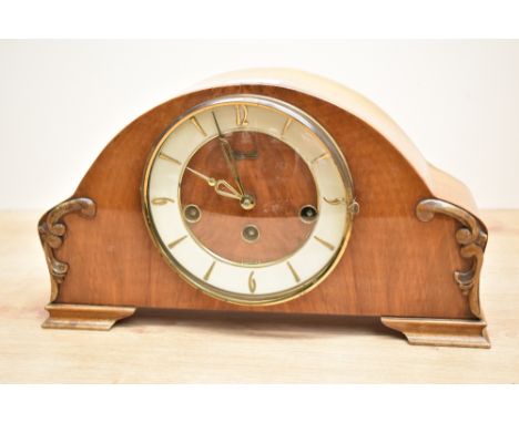 A mid-century Hermle (Germany) polished teak mantel clock having Westminister chime, L34.5cm