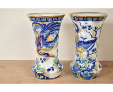 A pair of T.F. &amp; Sons, Ltd Korea pattern ceramic vases, decorated with gilt rim, foliage and exotic birds, h23cm