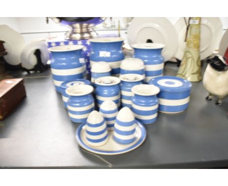 A set of blue and white T.G.Green &amp; Co Cornish kitchen ware, to include sugar and flour shaker ect, (15)