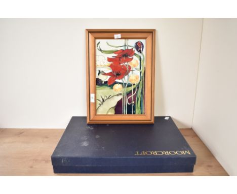 A pottery Moorcroft ceramic tile, decorated with poppies and tulips, painted and impressed marks to base, dated 2007, h39cm