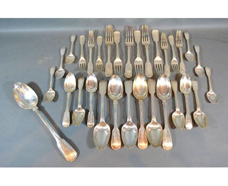 A Victorian Silver Canteen of Flatware comprising six table forks, six dessert forks, six table spoons, six dessert spoons, s