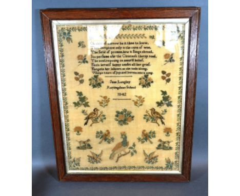 A Victorian Woolwork Sampler, by Jane Langley dated 1842, 37 x 29cms 