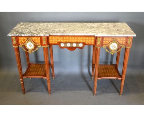 A French Kingwood Gilt Metal Mounted and Porcelain Console Table, the variegated marble top above an inlaid frieze, raised up