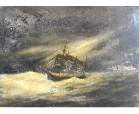 A 19th Century Oil on Tile 'Sailing Ship in a Rough Sea' 20 x 26 cms 