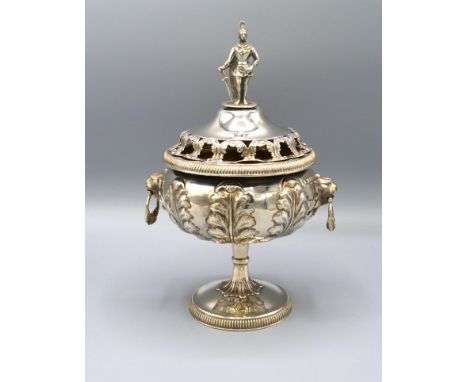 A Victorian Silver Pedestal Covered Pot Pourri, the pierced figural cover with lion ring handles and circular pedestal base, 