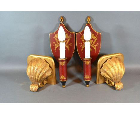 A Pair of Red Tole Ware Wall Lights, the shield back with gilt decoration and single light fitting toether with a pair of car